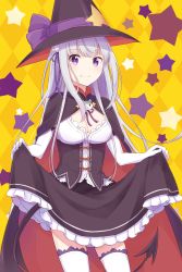 Rule 34 | 1girl, alternate costume, argyle, argyle background, argyle clothes, black cape, black hat, black skirt, bow, breasts, bustier, cape, cleavage, closed mouth, demon tail, emilia (re:zero), fang, fang out, flower, frilled skirt, frills, hair flower, hair ornament, hair ribbon, halloween, halloween costume, hat, hat bow, hat ornament, hat ribbon, highres, long hair, looking at viewer, medium breasts, medium skirt, neck ribbon, nemu mohu, purple bow, purple eyes, purple ribbon, re:zero kara hajimeru isekai seikatsu, ribbon, silver hair, skirt, skirt hold, smile, solo, star (symbol), star hat ornament, tail, thighhighs, vampire costume, very long hair, white flower, white thighhighs, witch hat, yellow background