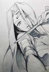 Rule 34 | 1girl, bare shoulders, breasts, cleavage, collar, collarbone, commentary request, detached sleeves, dress, eyes visible through hair, facial mark, fate/stay night, fate (series), forehead mark, from below, greyscale, hair between eyes, hair intakes, head tilt, highres, holding, holding weapon, long hair, looking at viewer, medusa (fate), medusa (rider) (fate), monochrome, nameless dagger (fate), no eyewear, otama (atama ohanabatake), sketch, solo, square pupils, strapless, traditional media, unfinished, upper body, very long hair, weapon