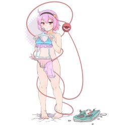 Rule 34 | 1girl, bare legs, bare shoulders, barefoot, bikini, blush, broken, closed mouth, commentary request, crack, cracked floor, empty eyes, frown, full body, hair ornament, hairband, hands up, heart, heart hair ornament, highres, holding, holding clothes, holding swimsuit, komeiji satori, looking at viewer, pink eyes, pink hair, shadow, shiroi karasu, simple background, solo, standing, swimsuit, third eye, toes, touhou, unworn bikini, v-shaped eyebrows, weighing scale, white background