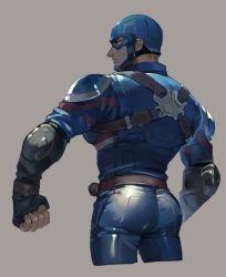 Rule 34 | 1boy, armor, ass, ass focus, avengers (series), back, blonde hair, blue bodysuit, blue eyes, blue pants, bodysuit, captain america, cropped legs, elbow pads, fingerless gloves, from behind, gloves, highres, looking at viewer, looking back, male focus, marvel, mask, narrow waist, pants, pectorals, shoulder armor, simple background, solo, pauldrons, sweatdrop, tapioka chaso, toned, toned male