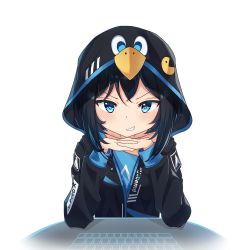 Rule 34 | 1girl, absurdres, arch linux, bird, black hair, black jacket, blue eyes, commentary, english commentary, highres, hood, hood up, hooded jacket, jacket, linux, logo, looking at viewer, os-tan, pac-man, penguin, personification, raviolimavioli, short hair, smirk, solo, teeth, transparent background