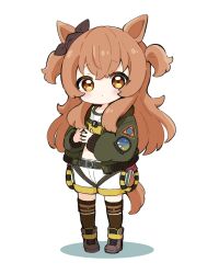 Rule 34 | 1girl, absurdres, animal ears, black ribbon, blush, boots, bow, brown eyes, brown footwear, brown hair, brown thighhighs, chibi, closed mouth, commentary request, crop top, dog tags, ear ribbon, full body, green jacket, highres, horse ears, horse girl, horse tail, jacket, long hair, long sleeves, looking at viewer, mayano top gun (umamusume), midriff, nozo (hitomiz), open clothes, open jacket, puffy long sleeves, puffy sleeves, ribbon, shadow, shirt, short shorts, shorts, simple background, sleeves past wrists, solo, standing, tail, thighhighs, thighhighs under boots, two side up, umamusume, very long hair, white background, white shorts, yellow shirt