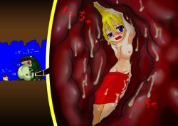 Rule 34 | 1girl, blonde hair, blue eyes, blush, breasts, dissolving clothes, female focus, frog, image sample, nipples, open mouth, pixiv sample, refuto, resized, skirt, solo, vore