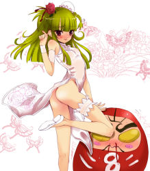 Rule 34 | 1girl, ass, blood, blush, braid, bug, butterfly, character request, china dress, chinese clothes, covered erect nipples, covered navel, daruma doll, dress, green hair, insect, bridal garter, legs, legs up, long hair, no panties, nosebleed, original, pelvic curtain, red eyes, sasakura ayato, see-through, sleeveless, solo, wind, wind lift