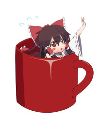Rule 34 | 1girl, :o, black hair, blush stickers, bow, cup, female focus, flying sweatdrops, hair bow, hair ornament, hair tubes, hakurei reimu, in container, in cup, lunaticprince, mini person, minigirl, mug, open mouth, reaching, reaching towards viewer, red eyes, ribbon-trimmed sleeves, ribbon trim, simple background, solo, touhou, white background