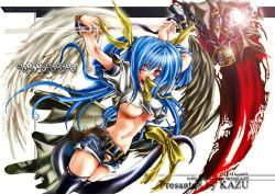 Rule 34 | 1girl, arc system works, asymmetrical wings, bdsm, blue hair, bondage, bound, dizzy (guilty gear), guilty gear, pirate, red eyes, ribbon, scythe, solo, tail, tail ornament, tail ribbon, thighhighs, wings