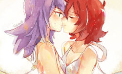 Rule 34 | 10s, 2girls, aged down, aqua eyes, breasts, cleavage, closed eyes, collarbone, croix meridies, highres, imminent kiss, light purple hair, little witch academia, multiple girls, nonoka917, red hair, shiny chariot, short hair, sweat, twitter username, yuri