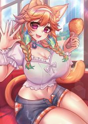 Rule 34 | 1girl, absurdres, alternate breast size, animal ears, bird, breasts, cat ears, cat girl, cat tail, chicken, chicken (food), chicken leg, cityscape, cleavage, curvy, fang, food, fried chicken, fruit, highres, hololive, hololive english, large breasts, long hair, looking at viewer, official alternate costume, open fly, open mouth, orange hair, orange panties, osiimi, panties, red eyes, shorts, sitting, smile, solo, tail, takanashi kiara, takanashi kiara (casual), thick thighs, thighs, unbuttoned, underwear, virtual youtuber, white background, wide hips, window
