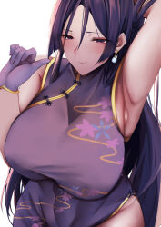 1girl absurdres arm_up armpits breasts china_dress chinese_clothes dress earrings fate/grand_order fate_(series) gloves gold_trim highres jewelry large_breasts long_hair looking_at_viewer minamoto_no_raikou_(fate) minamoto_no_raikou_(traveling_outfit)_(fate) parted_bangs purple_dress purple_eyes purple_gloves purple_hair smile solo sso_001 very_long_hair