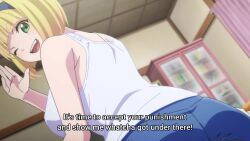 Rule 34 | 1boy, 1girl, animated, anime screenshot, ass, black hair, blonde hair, blue eyes, blue shorts, blush, breasts, camisole, collarbone, embarrassed, giant, giantess, girl on top, green eyes, hair ribbon, hands on own head, highres, huge ass, large breasts, mato seihei no slave, one eye closed, ribbon, shirt, short hair, shorts, shoulder blades, sleeveless, sleeveless shirt, small penis humiliation, sound, subtitled, suruga shushu, tagme, tearing up, thick eyebrows, topless, topless male, video, wakura yuuki, white shirt