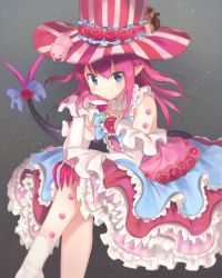 Rule 34 | &gt;:), 10s, 1girl, bare shoulders, blue eyes, blush, closed mouth, commentary, crossed legs, detached sleeves, dragon tail, dress, elizabeth bathory (fate), elizabeth bathory (third ascension) (fate), fate/extra, fate/extra ccc, fate (series), feet out of frame, fingernails, flower, frilled dress, frilled sleeves, frills, grey background, hat, hat flower, head rest, highres, long hair, long sleeves, looking at viewer, mochii, pig, pink hair, pointy ears, rose, sharp fingernails, shoes, sitting, solo, squirrel, striped clothes, striped dress, striped headwear, tail, tail flower, tail ornament, top hat, v-shaped eyebrows, vertical-striped clothes, vertical-striped dress, vertical-striped headwear, white legwear
