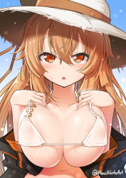 Rule 34 | 1girl, arms at sides, bikini, blue background, blush, breast tattoo, breasts, breasts squeezed together, brown hair, character name, collarbone, girls&#039; frontline, gradient background, hair between eyes, half-closed eyes, hands on own chest, hat, jacket, large breasts, long hair, looking at viewer, m37 (girls&#039; frontline), m37 (summer parader) (girls&#039; frontline), macchiato (jae-min cho), micro bikini, navel, official alternate costume, open clothes, open jacket, open mouth, orange eyes, solo, straw hat, sun hat, swimsuit, tattoo, triangle mouth, tsurime, twitter username, upper body, white bikini