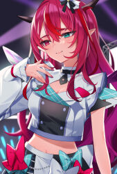 Rule 34 | 1girl, aotake iro, aqua eyes, asymmetrical sleeves, asymmetrical wings, black skirt, blush, breasts, buttons, cleavage, closed mouth, crop top, crystal wings, demon horns, double-breasted, half-skirt, heterochromia, highres, hololive, hololive english, hololive idol uniform (bright), horns, irys (hololive), jacket, long hair, looking at viewer, medium breasts, multicolored hair, nail polish, navel, pink nails, plaid, plaid skirt, pleated skirt, pointy ears, purple eyes, purple hair, red hair, skirt, solo, streaked hair, uneven sleeves, virtual youtuber, white jacket, wings