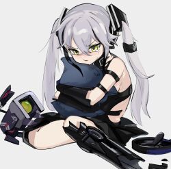 Rule 34 | 1girl, annoyed, bare shoulders, black dress, blush, chesed (uporyz), commentary request, crying, damaged, destroyer (girls&#039; frontline), dinergate (girls&#039; frontline), dress, full body, girls&#039; frontline, green eyes, grey background, grey hair, hair between eyes, hair ornament, highres, mechanical legs, hugging object, pillow, pillow hug, pout, sad, sangvis ferri, simple background, sitting, solo, tears, twintails