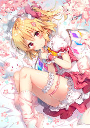 Rule 34 | 1girl, blonde hair, bloomers, blush, bridal garter, cherry blossoms, flandre scarlet, frills, looking at viewer, lying, on side, parted lips, petals, puffy short sleeves, puffy sleeves, red eyes, riichu, short sleeves, side ponytail, socks, solo, stuffed animal, stuffed rabbit, stuffed toy, touhou, underwear, white socks, wings