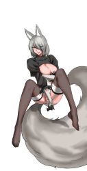 Rule 34 | 1girl, ahri (league of legends), animal ears, black dress, breasts, cleavage, cleavage cutout, clothing cutout, cosplay, dress, facial mark, fox ears, fox tail, gloves, highres, large breasts, league of legends, radiocupcake, short hair, silver hair, tail, thighhighs, thighs, whisker markings, white gloves, yellow eyes, 2b (nier:automata) (cosplay)