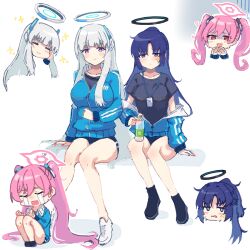 Rule 34 | 3girls, blue archive, blue buruma, blue eyes, blue footwear, blue hair, blue jacket, blue shirt, blush, bottle, breasts, buruma, closed eyes, commentary request, crying, grey hair, halo, highres, holding, holding bottle, id card, jacket, jacket partially removed, knees together feet apart, kotone-kirigaya, koyuki (blue archive), large breasts, long hair, looking at viewer, mechanical halo, multiple girls, noa (blue archive), official alternate costume, partially unzipped, pink hair, purple eyes, shirt, short sleeves, simple background, sitting, smile, star sticker, sticker on face, twintails, water bottle, white background, white footwear, yuuka (blue archive), yuuka (track) (blue archive)