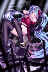 Rule 34 | 1219 yusuke, 1girl, anklet, arm behind head, arm garter, bad id, bad pixiv id, elbow gloves, flower, flower on head, garter straps, gloves, hair flower, hair ornament, hatsune miku, highres, jewelry, lingerie, long hair, lots of jewelry, purple gloves, purple thighhighs, solo, thighhighs, underwear, v, very long hair, vocaloid, yusuke (shiota)