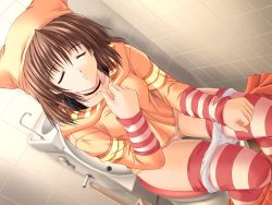 Rule 34 | bathroom, brown hair, censored, closed eyes, striped, tagme, thighhighs, toilet, toilet use
