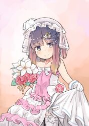 Rule 34 | alternate costume, bouquet, bridal veil, commentary request, cowboy shot, dress, enjaku izuku, flower, frilled dress, frills, garter straps, gloves, gradient background, gradient hair, hat, highres, kantai collection, mob cap, multicolored hair, off-shoulder dress, off shoulder, orange background, orange hair, purple hair, short hair with long locks, skirt hold, smile, thighhighs, tsushima (kancolle), veil, wedding dress, white dress, white gloves, white hat