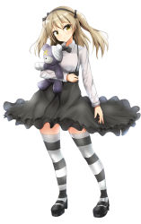 Rule 34 | 10s, 1girl, absurdres, black bow, black bowtie, black footwear, black ribbon, black skirt, black thighhighs, boko (girls und panzer), bow, bowtie, brown eyes, casual, collared shirt, commentary request, full body, girls und panzer, hair ribbon, head tilt, high-waist skirt, highres, holding, holding stuffed toy, kirikan (cokekiri), light brown hair, long hair, long sleeves, looking at viewer, mary janes, medium skirt, parted lips, ribbon, shimada arisu, shirt, shoes, side ponytail, simple background, skirt, solo, standing, striped clothes, striped thighhighs, stuffed animal, stuffed toy, suspender skirt, suspenders, teddy bear, thighhighs, two side up, white background, white shirt, zettai ryouiki