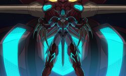 Rule 34 | 3ok, absurdres, blurry, blurry background, clenched hands, floating, getter arc, getter emperor, getter robo, getter robo arc, glowing, head wings, highres, mecha, no humans, robot, science fiction, space, super robot, wings, yellow eyes
