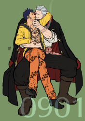Rule 34 | 2boys, abs, arm around shoulder, beard, black hair, black pants, chest tattoo, cigar, coat, coat on shoulders, couple, facial hair, hand on another&#039;s chin, full body, goatee, highres, holding, holding cigar, imminent kiss, jacket, jaguar print, kokorozashi, long sideburns, pectoral cleavage, male focus, mature male, multiple boys, one piece, open clothes, open jacket, orange pants, pants, pectorals, short hair, sideburns, sitting, sitting on person, size difference, smoker (one piece), stubble, tattoo, trafalgar law, white hair, yaoi