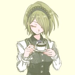Rule 34 | 1girl, black dress, black hairband, breasts, closed eyes, closed mouth, collared dress, commentary request, cup, danganronpa (series), danganronpa v3: killing harmony, dress, facing down, green hair, grey background, hairband, highres, holding, holding cup, karoru (xiaoxian55), large breasts, long sleeves, necktie, shirt, short hair, simple background, smile, solo, tojo kirumi, white shirt, yellow background