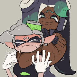 Rule 34 | 2girls, asphyxiation, black gloves, closed eyes, dark-skinned female, dark skin, galabuddy, gloves, green eyes, grey background, headlock, long hair, marie (splatoon), marina (splatoon), meme, mole, mole under mouth, multiple girls, muscular arms, nintendo, octoling, rear naked choke, short hair, simple background, splatoon (series), splatoon 1, splatoon 2, strangling, struggling, submission hold, suction cups, tentacle hair, the weak should fear the strong, upper body, white gloves, wrestling
