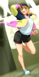 Rule 34 | 1girl, arm up, baseball cap, black hat, black shorts, blonde hair, blurry, blush, breasts, depth of field, full body, hat, highres, holding, holding microphone, hood, hooded jacket, jacket, kuroneko (kuroneko3zizi), long hair, long sleeves, looking at viewer, medium breasts, microphone, open clothes, open jacket, open mouth, paripi koumei, shirt, shirt tucked in, shoes, shorts, smile, sneakers, solo, stage lights, standing, standing on one leg, teeth, tsukimi eiko, upper teeth only, white shirt