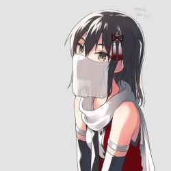 Rule 34 | 1girl, black gloves, black hair, breasts, brown eyes, dated, elbow gloves, gloves, grey background, hair between eyes, hair ornament, kantai collection, koruri, looking at viewer, mouth veil, neckerchief, scarf, sendai (kancolle), sendai kai ni (kancolle), simple background, sleeveless, solo, twitter username, two side up, upper body, veil, white scarf