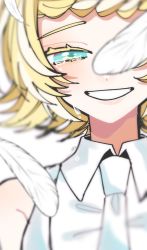 Rule 34 | 1girl, absurdres, anniversary, aqua eyes, bare shoulders, blonde hair, blonde pubic hair, blurry, braid, braided bangs, colored eyelashes, crying, crying with eyes open, depth of field, feathers, grin, half-closed eyes, highres, himitsu ~kuro no chikai~ (vocaloid), iroha (hourai 24), kagamine rin, looking at viewer, necktie, one eye covered, portrait, shirt, short hair, sleeveless, sleeveless shirt, smile, solo, streaming tears, tears, upper body, vocaloid, white background, white feathers, white necktie, white shirt