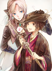Rule 34 | 2girls, ascot, bad id, bad pixiv id, black hair, blonde hair, bloodborne, blue eyes, blush, brown hair, closed mouth, crossover, emma the gentle blade, gem, gloves, hair bun, hat, hat feather, japanese clothes, kimono, lady maria of the astral clocktower, long hair, long sleeves, looking at viewer, multiple girls, ponytail, sekiro: shadows die twice, shinshumen, short hair, single hair bun, smile, the old hunters, tricorne, updo, white hair
