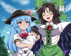 Rule 34 | +++, 1other, 2girls, ?, ??, @ @, baby, bird wings, black headwear, black wings, blue hair, blush, bow, bowtie, breasts, brown hair, buttons, cape, center frills, closed eyes, closed mouth, collared shirt, commentary request, commission, cowboy shot, day, doku yanagi, flat chest, food, frills, fruit, green bow, green skirt, hair bow, highres, hinanawi tenshi, holding baby, if they mated, impossible clothes, impossible shirt, large breasts, leaf, long hair, multiple girls, open mouth, outdoors, peach, puffy short sleeves, puffy sleeves, red bow, red bowtie, red eyes, reiuji utsuho, shirt, short sleeves, skeb commission, skirt, smile, starry sky print, third eye, touhou, white cape, white shirt, wings