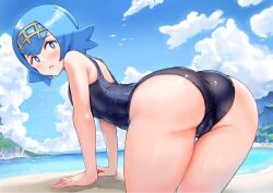 Rule 34 | all fours, ass, beach, blue eyes, blue hair, blush, cameltoe, cleft of venus, cloud, cloudy sky, creatures (company), game freak, highres, lana (pokemon), looking at viewer, looking back, nintendo, nobita (nbnobita), one-piece swimsuit, open mouth, outdoors, pokemon, pokemon sm, short hair, sky, swimsuit, thick thighs, thighs, water, wet
