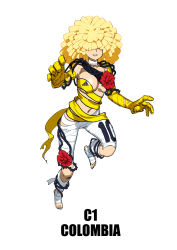 Rule 34 | 1girl, 2014 fifa world cup, absurdres, adidas, bandages, barefoot, blonde hair, breasts, cleavage, colombia, covered eyes, flower, full body, hair over eyes, highres, large breasts, navel, original, rose, simple background, solo, white background, world cup, yu yanshu