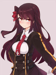 Rule 34 | 1girl, blush, breasts, closed mouth, embarrassed, flying sweatdrops, girls&#039; frontline, hair ribbon, long hair, looking at viewer, mou tama maru, necktie, red eyes, red hair, red necktie, ribbon, simple background, solo, wa2000 (girls&#039; frontline)