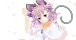 Rule 34 | 1girl, animal ears, blush, capelet, cherry blossoms, female focus, flower, grey hair, hair flower, hair ornament, ishikkoro, jewelry, mouse ears, mouse tail, nazrin, pendant, red eyes, short hair, solo, tail, touhou, transparent background