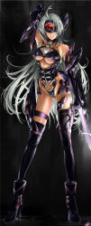 Rule 34 | 00s, 1girl, :p, arm up, bare shoulders, black thighhighs, breasts, cyborg, dark-skinned female, dark skin, elbow gloves, energy sword, fed (giba), gloves, highres, long hair, purple eyes, silver hair, solo, standing, sword, t-elos, thigh strap, thighhighs, tongue, tongue out, underboob, very long hair, weapon, xenosaga, xenosaga episode iii