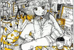 Rule 34 | 1girl, bad id, bad twitter id, chair, cup, earrings, english text, highres, jacket, jewelry, kitamurashu, leaf, monochrome, original, plant, potted plant, shoes, short hair, socks, solo, spot color, traditional media, white hair, white jacket, white socks, yellow eyes, yellow footwear