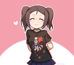 Rule 34 | 1girl, alternate hairstyle, arms behind back, blush, breasts, brown hair, carol (skullgirls), ng (kimjae737), pleated skirt, shirt, short twintails, skirt, skullgirls, small breasts, smile, solo, stitches, t-shirt, twintails