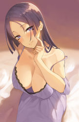 Rule 34 | 1girl, alternate costume, bare shoulders, bed sheet, blush, breasts, cleavage, commentary request, covered erect nipples, detached sleeves, eyes visible through hair, fate/grand order, fate (series), finger to cheek, from above, gradient background, head tilt, highres, large breasts, light smile, long hair, looking at viewer, low-tied long hair, minamoto no raikou (fate), on bed, parted bangs, pink lips, purple eyes, purple hair, sitting, sleepwear, strap slip, throtem, very long hair