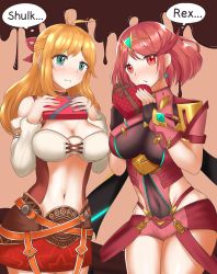 Rule 34 | 2girls, absurdres, blonde hair, blue eyes, breasts, candy, chocolate, chocolate heart, fiora (xenoblade), food, heart, highres, ii tea, jewelry, large breasts, long hair, multiple girls, navel, pyra (xenoblade), red eyes, red hair, short hair, valentine, xenoblade chronicles 1, xenoblade chronicles (series), xenoblade chronicles 2