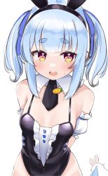 Rule 34 | 1girl, animal ears, arm garter, arms behind back, bare legs, bare shoulders, black necktie, blue hair, blue ribbon, blush, breasts, cleavage, cocozasa, don-chan (usada pekora), fake animal ears, hair ribbon, highres, hololive, looking at viewer, necktie, open mouth, rabbit-shaped pupils, rabbit ears, red eyes, ribbon, short hair, simple background, small breasts, symbol-shaped pupils, teeth, thick eyebrows, twintails, upper teeth only, usada pekora, usada pekora (furi furi bunny dress), virtual youtuber, white background