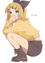 Rule 34 | 1girl, aqua eyes, black bow, black footwear, black shorts, blonde hair, boots, bow, commentary, covering own mouth, expressionless, from side, full body, hair bow, hair ornament, hairclip, hand on own arm, hand over own mouth, hashtag, highres, jewelry, kagamine rin, looking at viewer, m0ti, pinky ring, ring, short hair, short shorts, shorts, solo, squatting, sweater, swept bangs, translated, twitter username, vocaloid, white background, yellow sweater