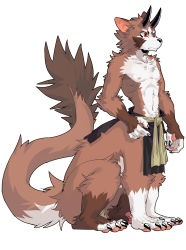 Rule 34 | 1boy, absurdres, animal ears, bad id, bad pixiv id, beshikuya, body fur, brown fur, centauroid, claws, closed mouth, collarbone, commentary, facial mark, from side, full body, furry, furry male, highres, horns, loincloth, long tail, looking to the side, male focus, navel, nipples, original, pectorals, red eyes, sash, shadow, simple background, sitting, slit pupils, solo, tail, taur, two-tone fur, white background, white fur