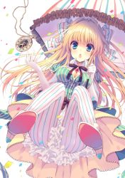 Rule 34 | 1girl, blonde hair, bow, breasts, capelet, cleavage, confetti, elbow gloves, full body, gloves, hair bow, hair ornament, hair ribbon, holding, long hair, looking at viewer, oh dorobo!, open mouth, original, pantyhose, parasol, pinstripe pattern, pocket watch, reia, ribbon, solo, striped clothes, striped pantyhose, umbrella, vertical-striped clothes, vertical-striped pantyhose, watch, white gloves