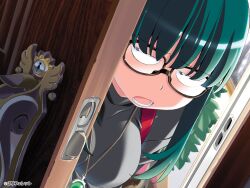 Rule 34 | ai (popotan), breasts, glasses, green eyes, green hair, highres, large breasts, open mouth, opening door, popotan, watanabe akio