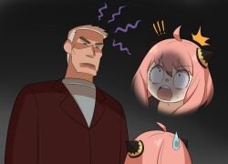 Rule 34 | 1boy, 1girl, ahoge, anya (spy x family), black background, blonde hair, character request, child, commentary, crossover, flowers-imh, green eyes, grey background, hairpods, highres, jacket, looking at another, looking down, looking up, pink hair, red jacket, sanpaku, short hair, spy x family, surprised, sweatdrop, symbol-only commentary, x-men, x-men: the animated series