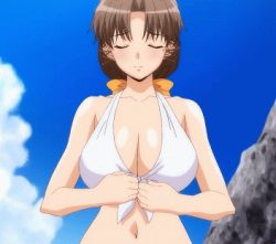 Rule 34 | 10s, 1girl, animated, animated gif, beach, bikini, bouncing breasts, breasts, breasts out, brown hair, large breasts, long hair, lowres, mature female, moroboshi kyouko, nipples, screencap, solo, sweet home, swimsuit, undressing